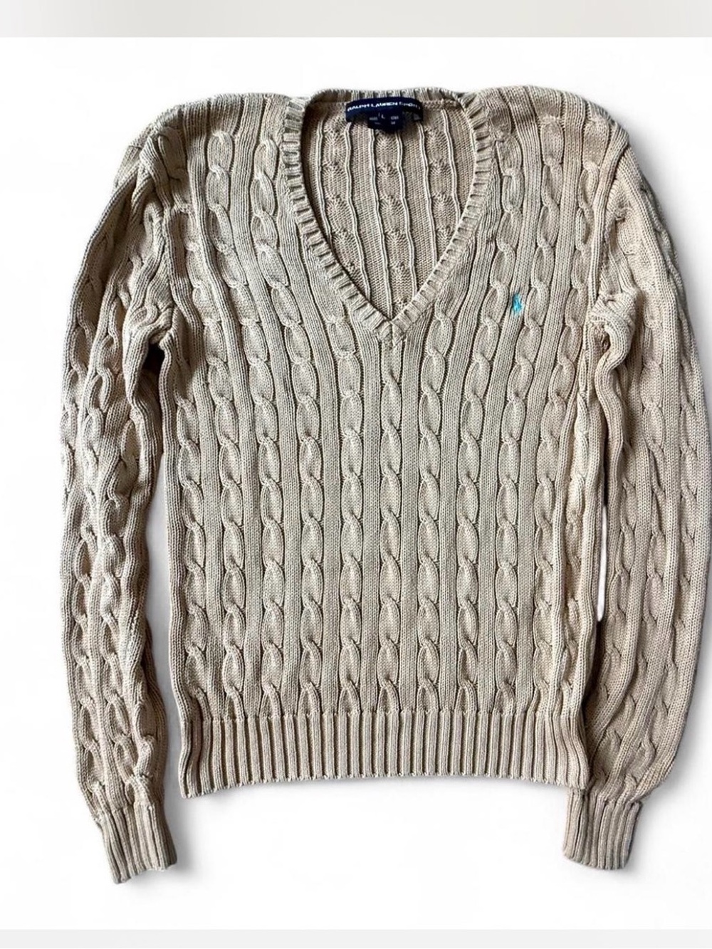 Ralph Lauren Sport Cotton Cable Knit V-Neck Sweater Tan Size L